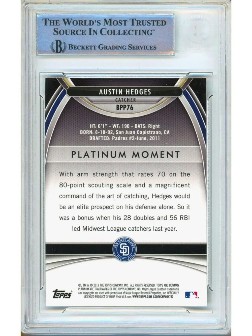 Austin Hedges Signed 2013 Bowman Platinum Prospects RC #BPP76 Beckett BAS Slab